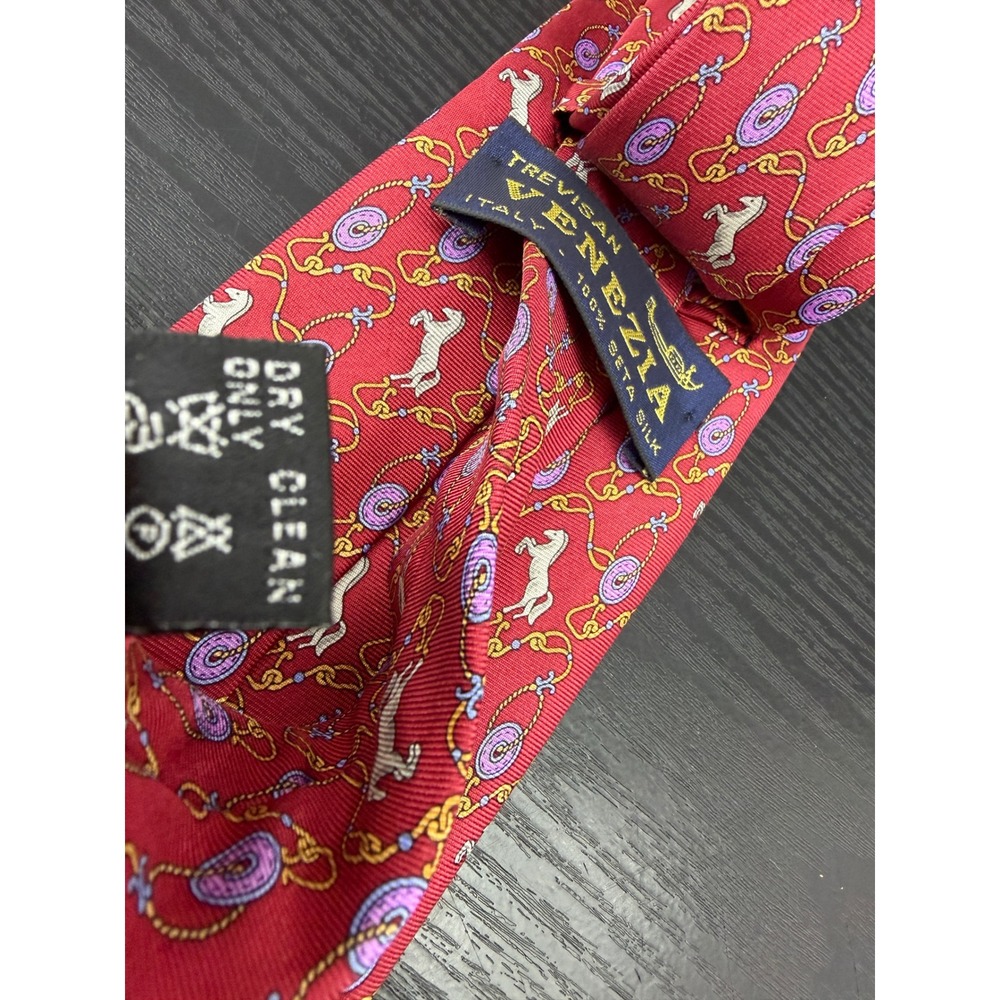 Trevisan Venezia Mens Red Silk Equestrian Horse Print Tie Made in Italy‎ - Picture 4 of 7